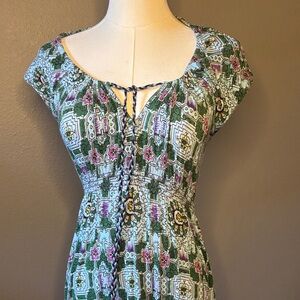 Chelsea & Violet Green Patterned Midi Dress with Tie Neck